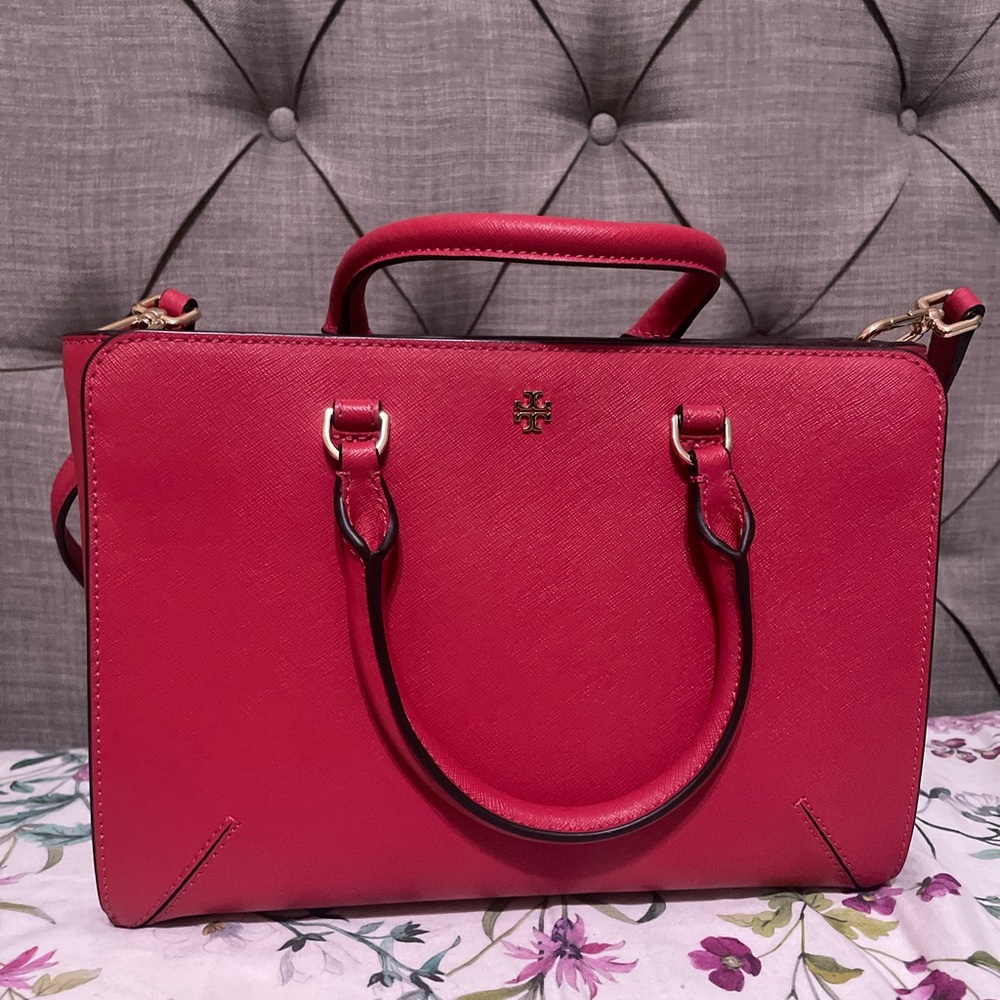 Tory Burch Robinson Small Zip Tote Dark Peony